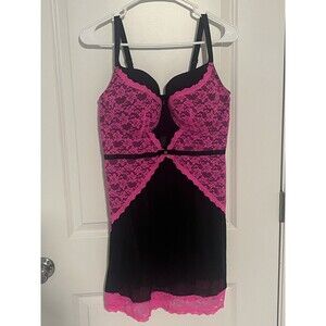 EUC Smart & Sexy Sleepwear Black Pink Lace Mesh Babydoll Slip Dress 38D